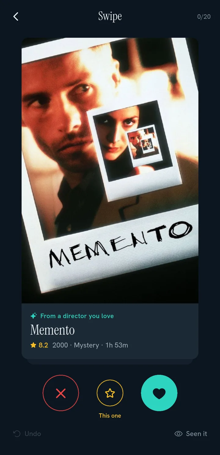 Schermata Decidi: la carta di Memento con i pulsanti per scartare, scegliere o mettere mi piace